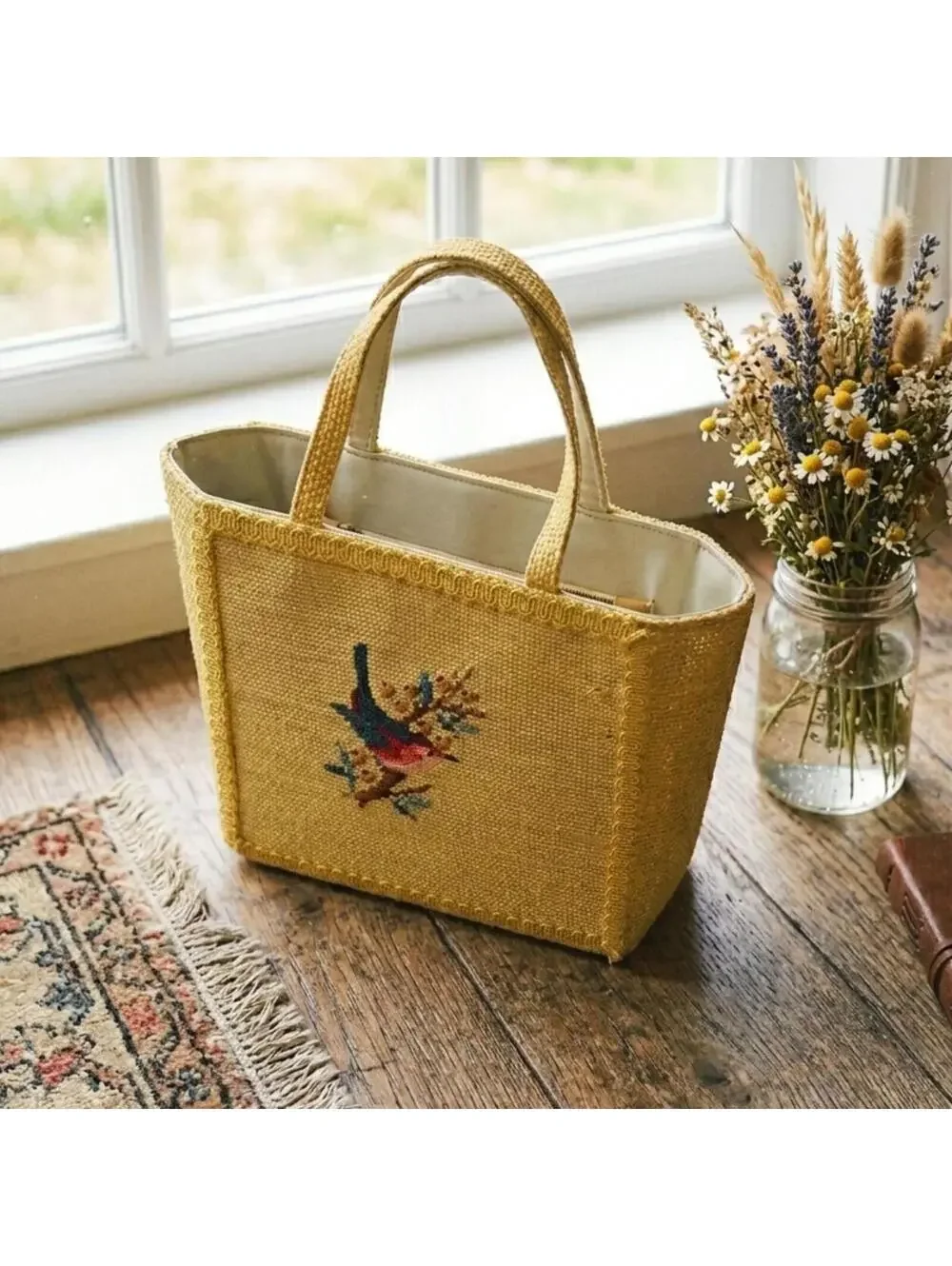 Cottage Needlepoint tote purse‎ sewing knitting bag 9x9 bird flowers Grannycore